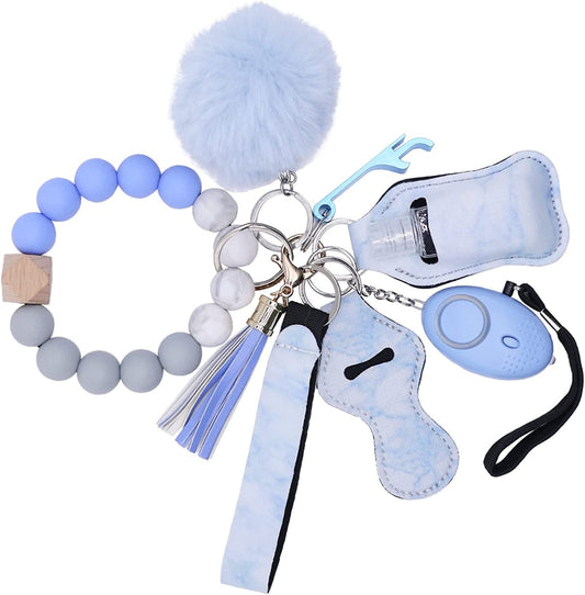 9PCS Bead Keychain Bracelet Full Set, Self Protection Key Ring Set